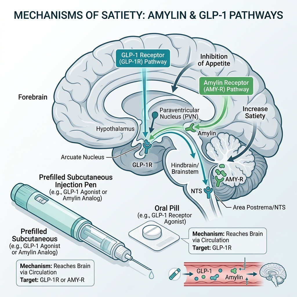 Clinical molecular model representing dual hormone receptors and oral capsule representation of amycretin