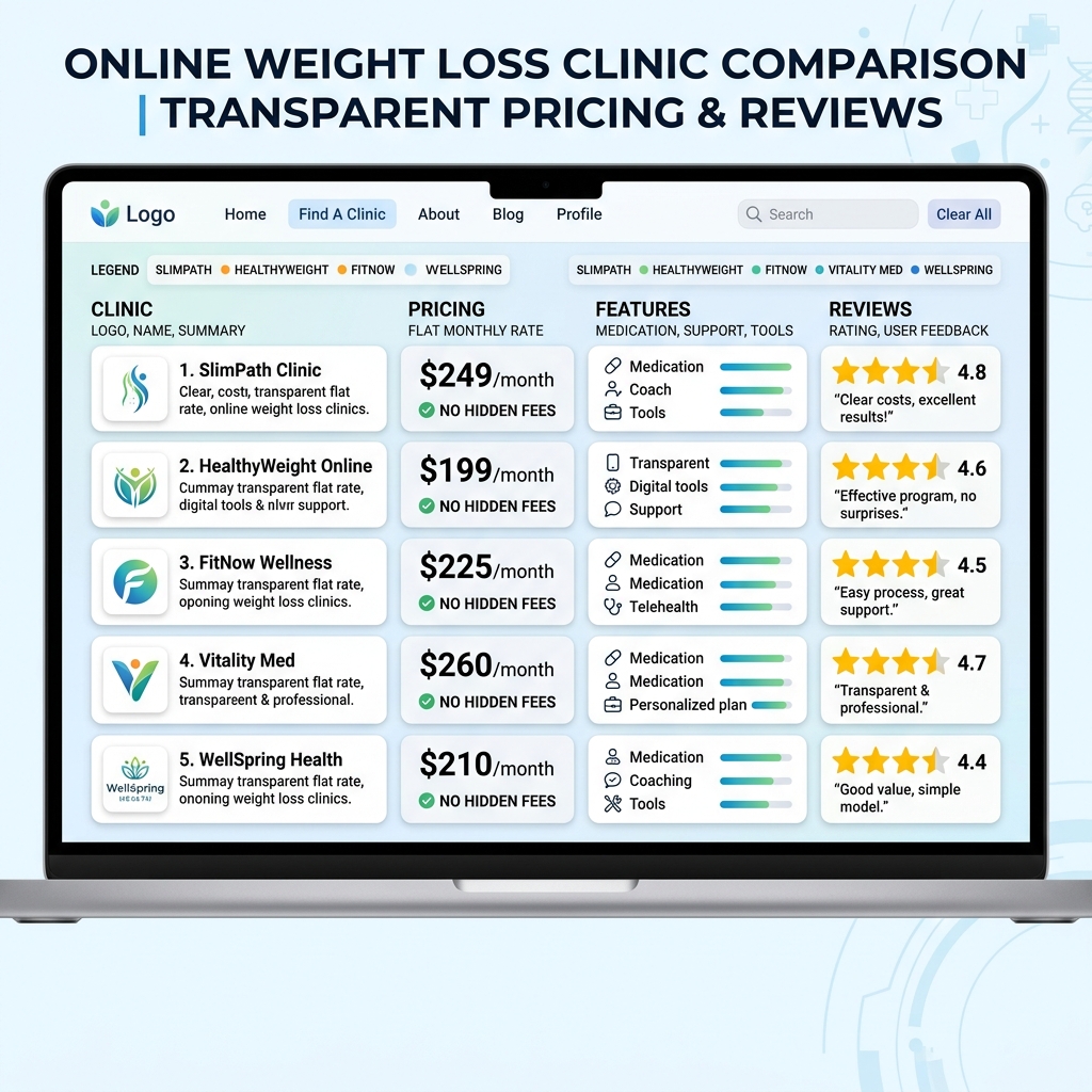 Comparison dashboard showing online weight loss clinic transparent pricing and ratings