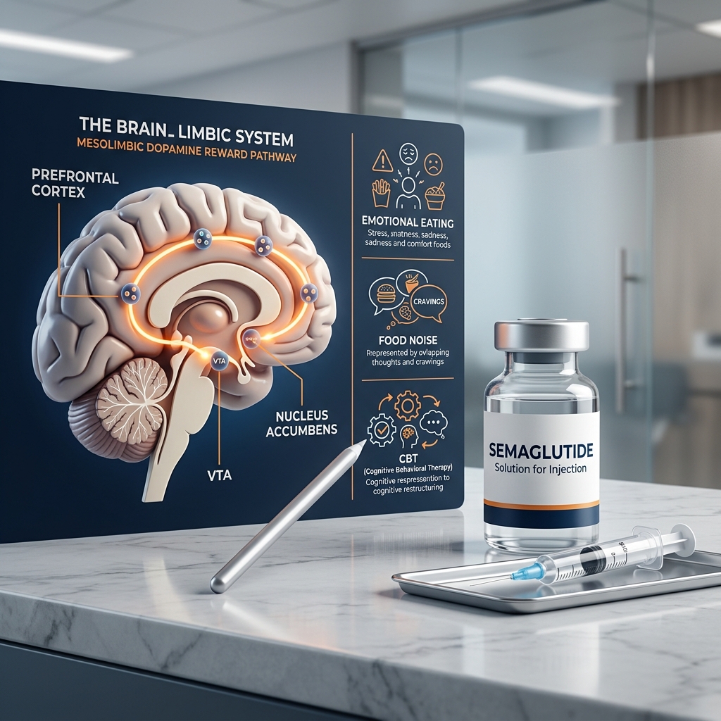 Brain diagram highlighting the mesolimbic dopamine pathway next to a semaglutide vial, illustrating reward pathway control