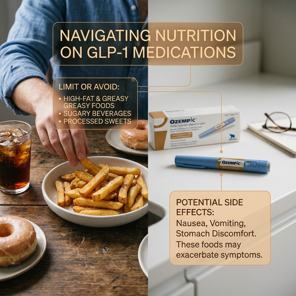 Foods to avoid on semaglutide: visual guide highlighting carbonated drinks, high-fat foods, and spicy meals to prevent gastrointestinal side effects