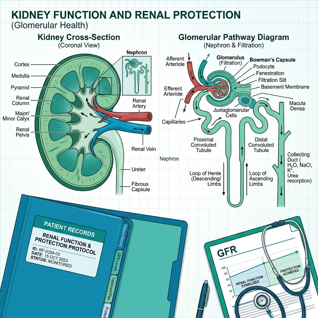 Clinical medical visual depicting kidney protection pathways and semaglutide molecules