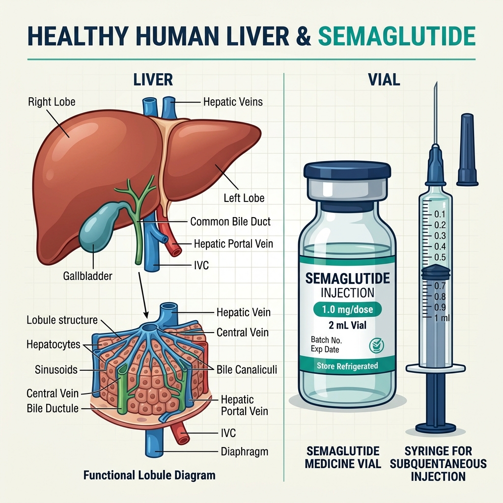 Clinical graphic illustrating semaglutide fatty liver benefits and MASH pathology resolution