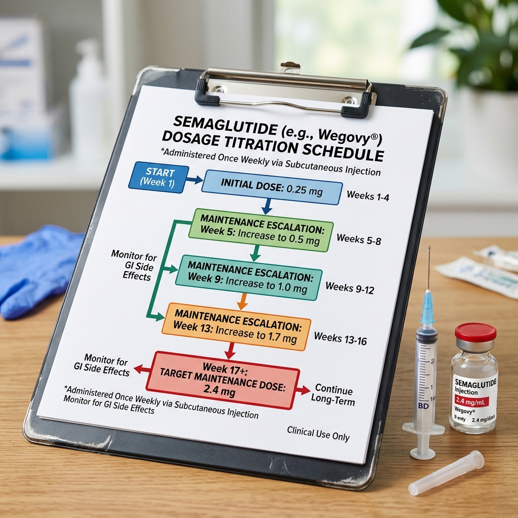 Semaglutide dosage titration schedule on clipboard with vial and syringe
