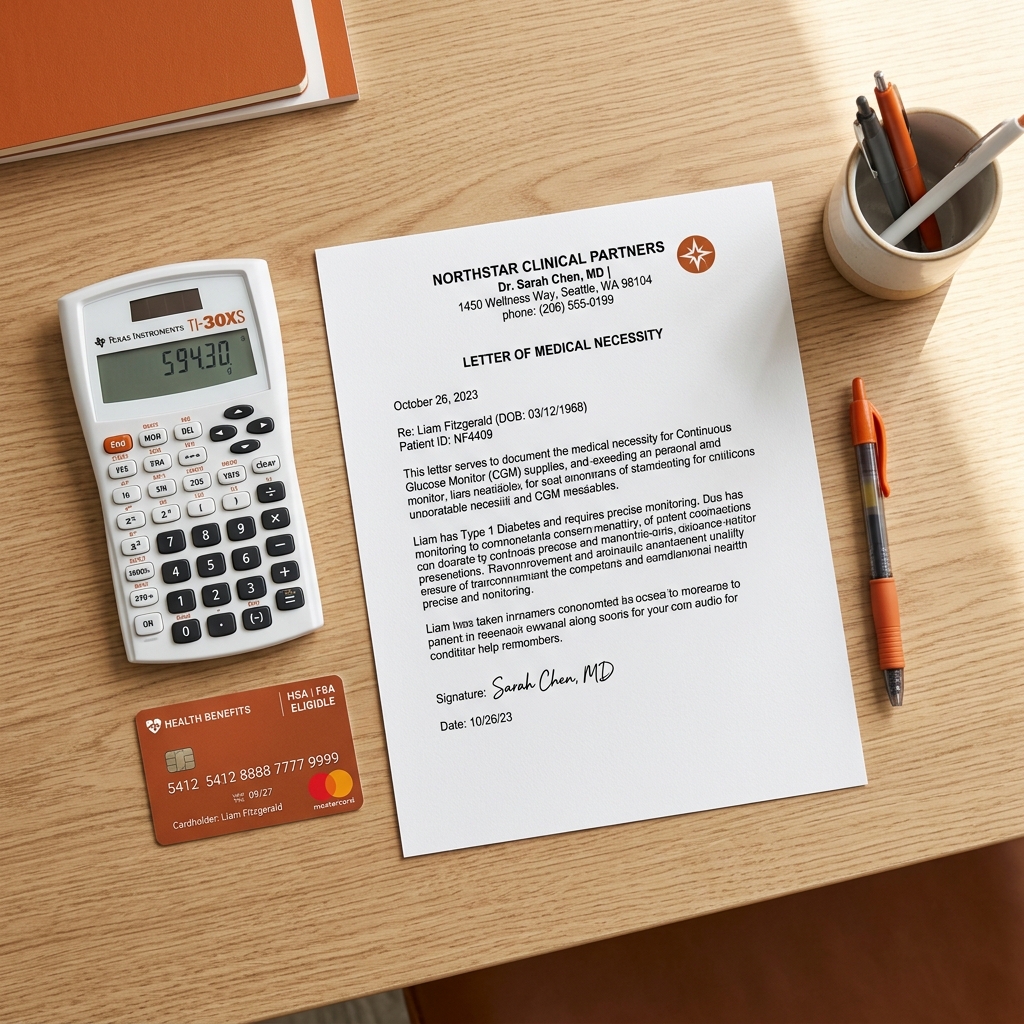 A comprehensive visual guide showing HSA and FSA debit cards resting alongside clinical patient records, prescription paperwork, and a compounded semaglutide vial, representing tax-free medical weight loss care