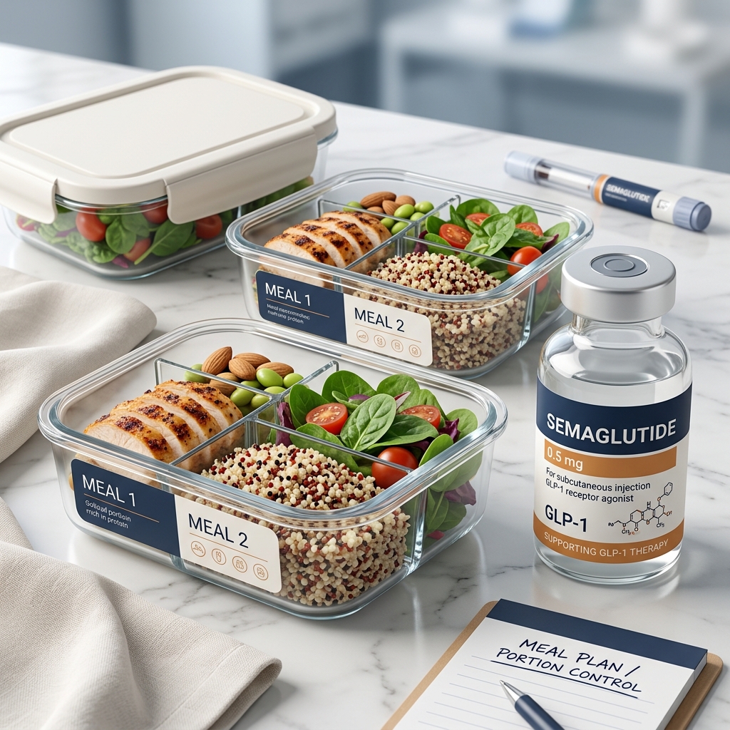 Balanced meal prep containers showcasing portion-controlled, high-protein meals for GLP-1 weight loss patients