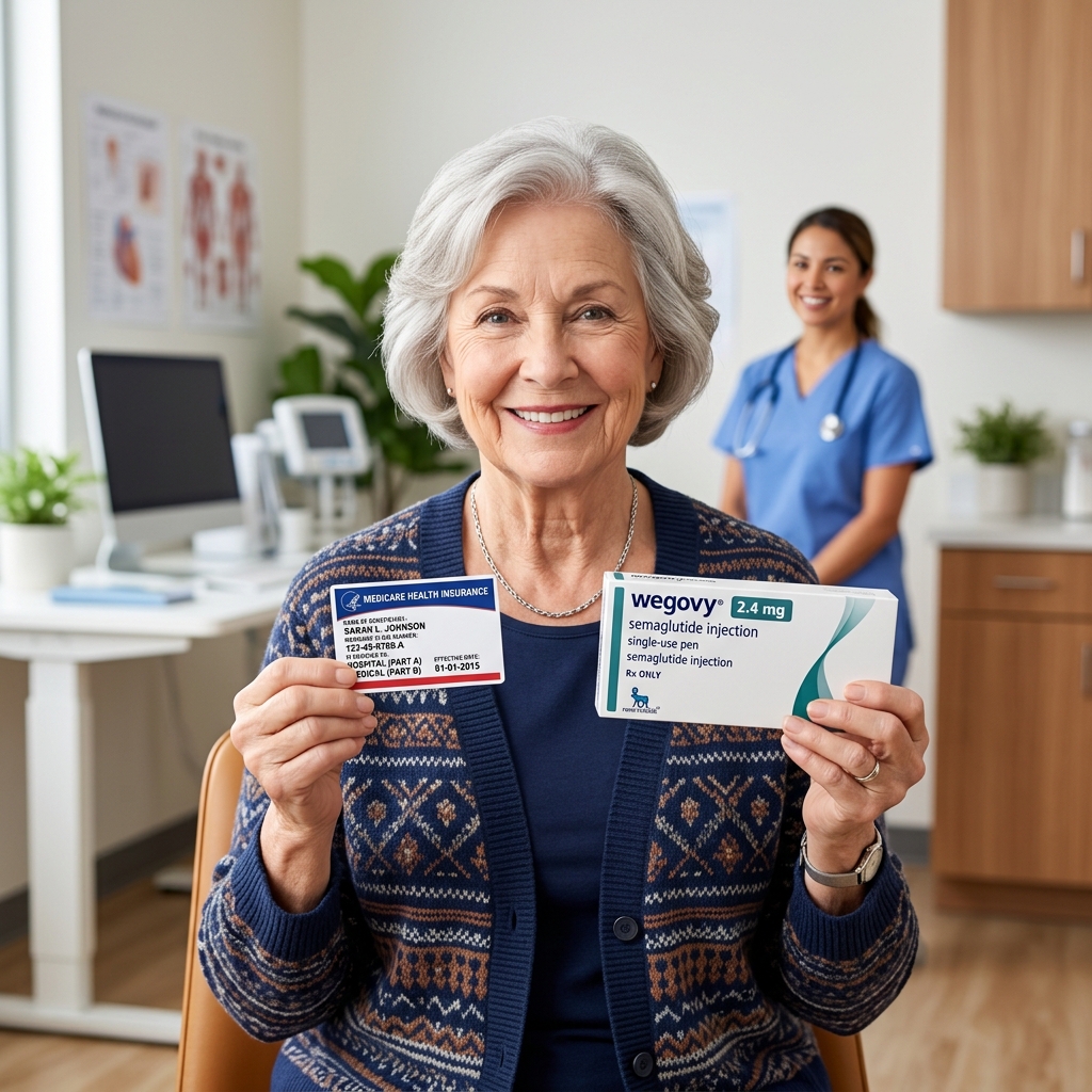 Senior patient holding a Medicare card and a Wegovy box