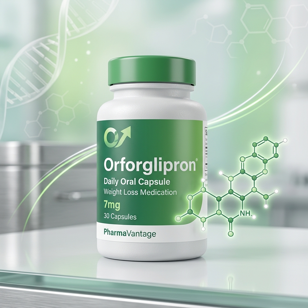 Eli Lilly's daily oral weight loss capsule bottle with clinical safety background and molecular chemistry diagram of orforglipron