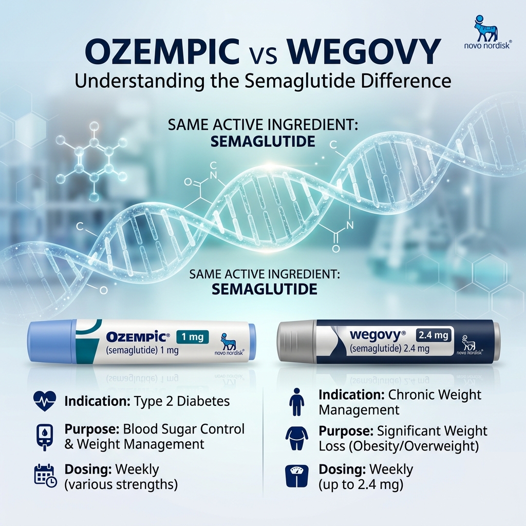 Ozempic and Wegovy injection pens side by side on a clinical surface