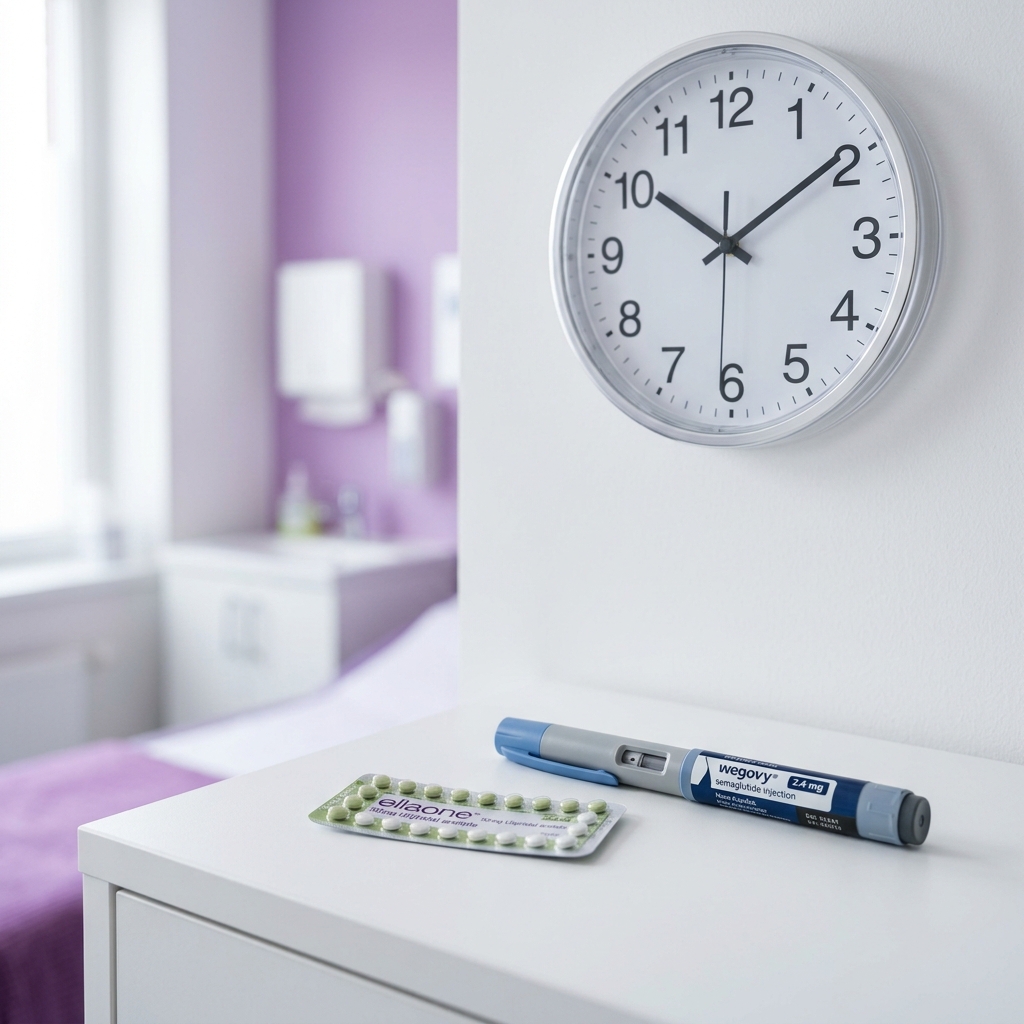 A pack of birth control pills next to a semaglutide pen and a clock
