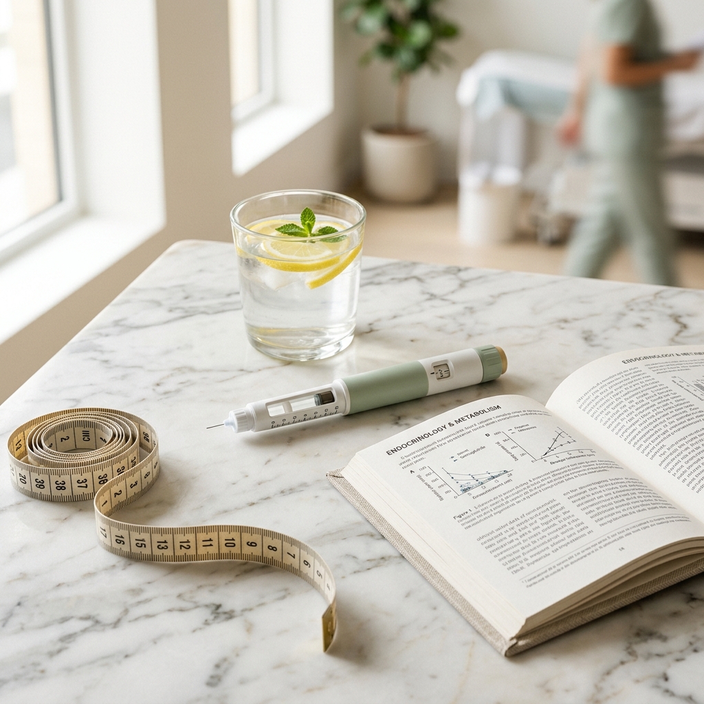 Semaglutide injection pen with clinical journal and measuring tape