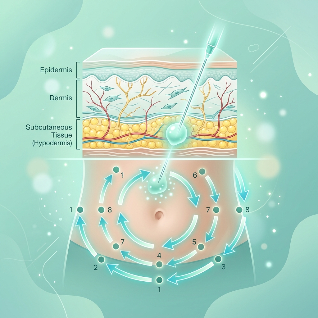Clinical illustration representing semaglutide injection site rotation and skin layers