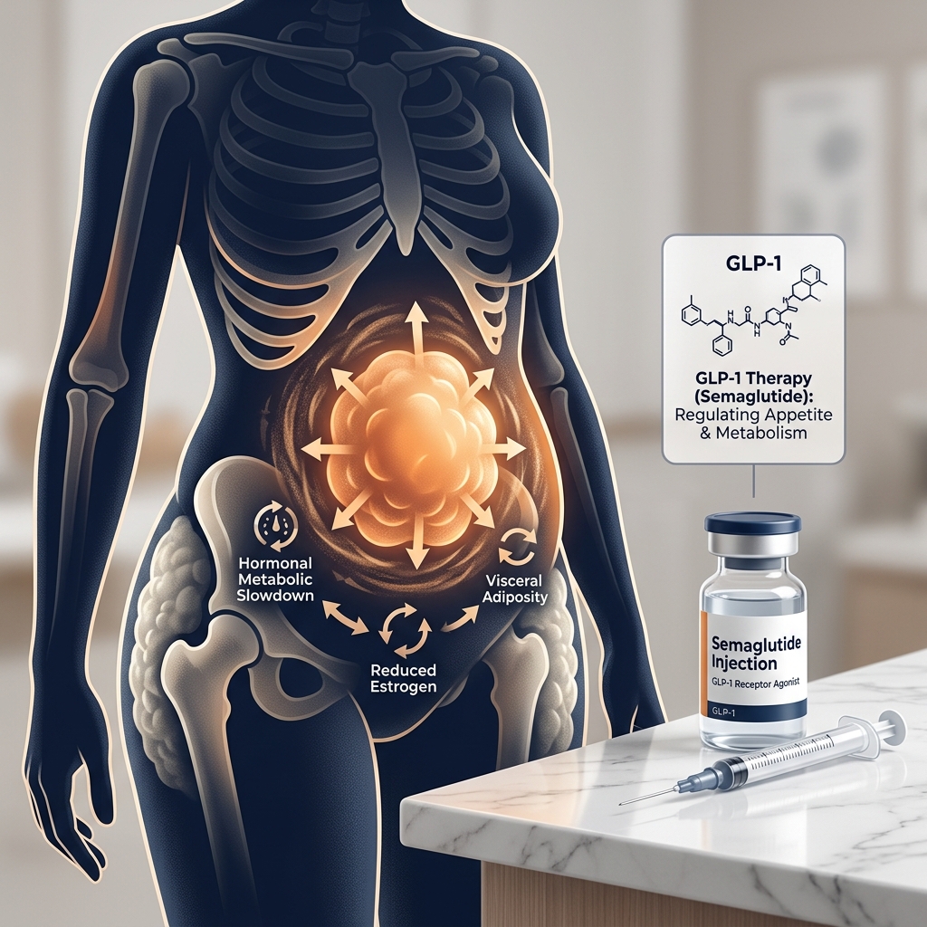 Clinical guide illustration depicting metabolic resetting, hormone replacements, and body composition changes in menopausal women on semaglutide.