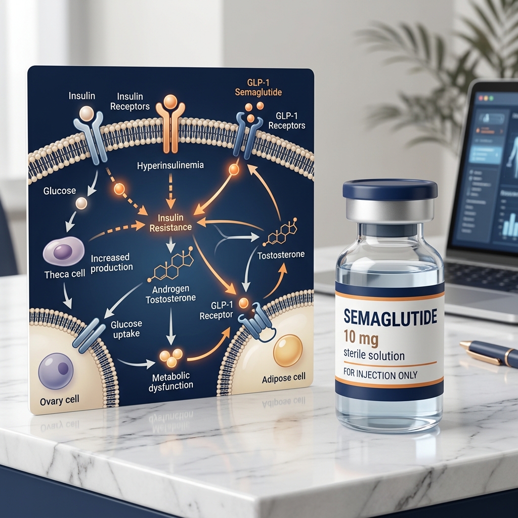 Compounded semaglutide vial next to an medical background with hormones diagram, highlighting insulin and PCOS benefits