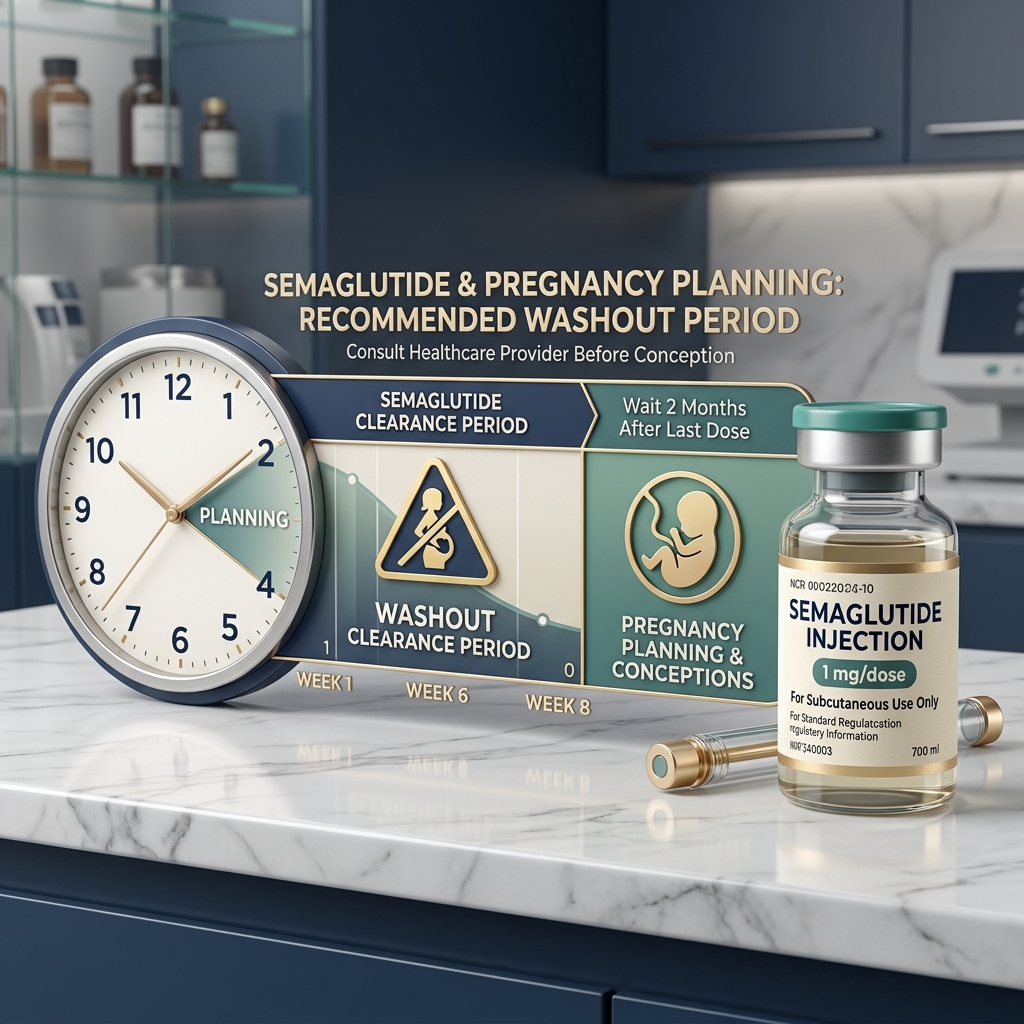 Clinical guide regarding semaglutide and pregnancy safety showing medical guidelines and clearance clock
