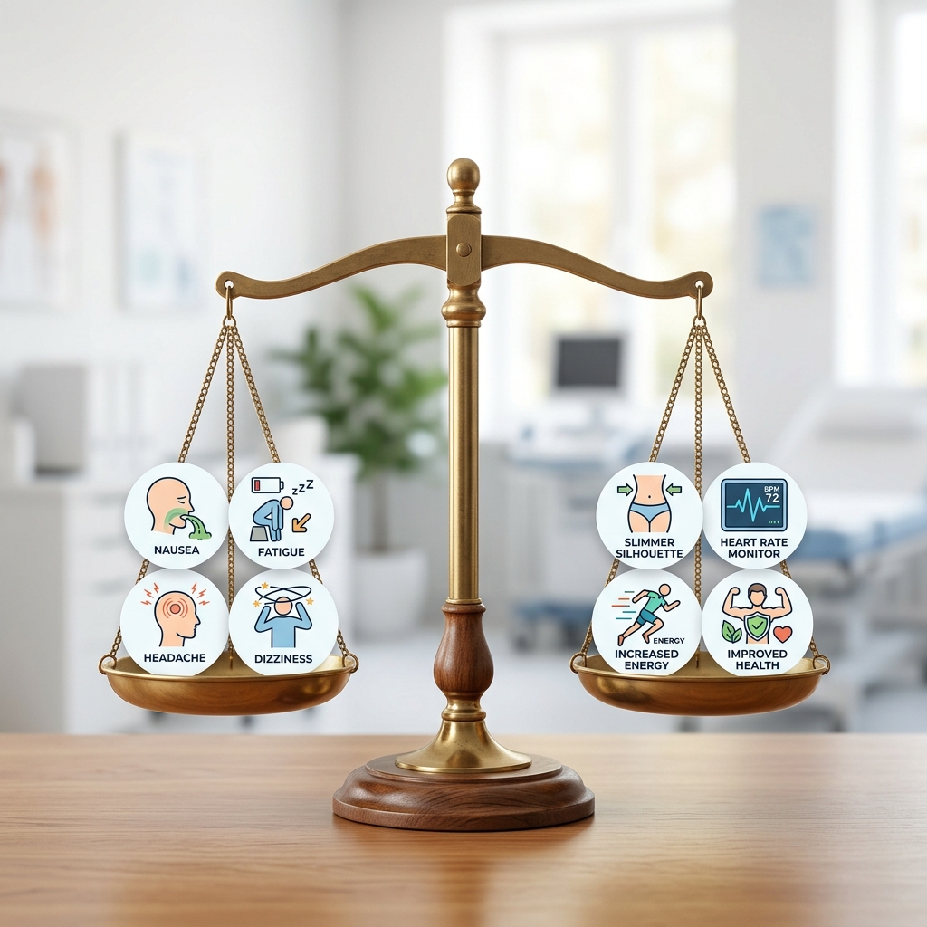 Balance scale weighing semaglutide side effects against health and wellness gains