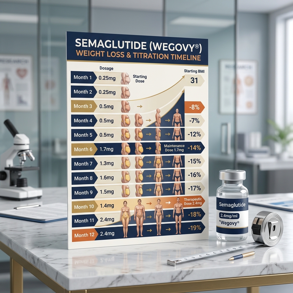 Clinical chart representing the monthly weight loss timeline on semaglutide alongside medication vials and measuring tape