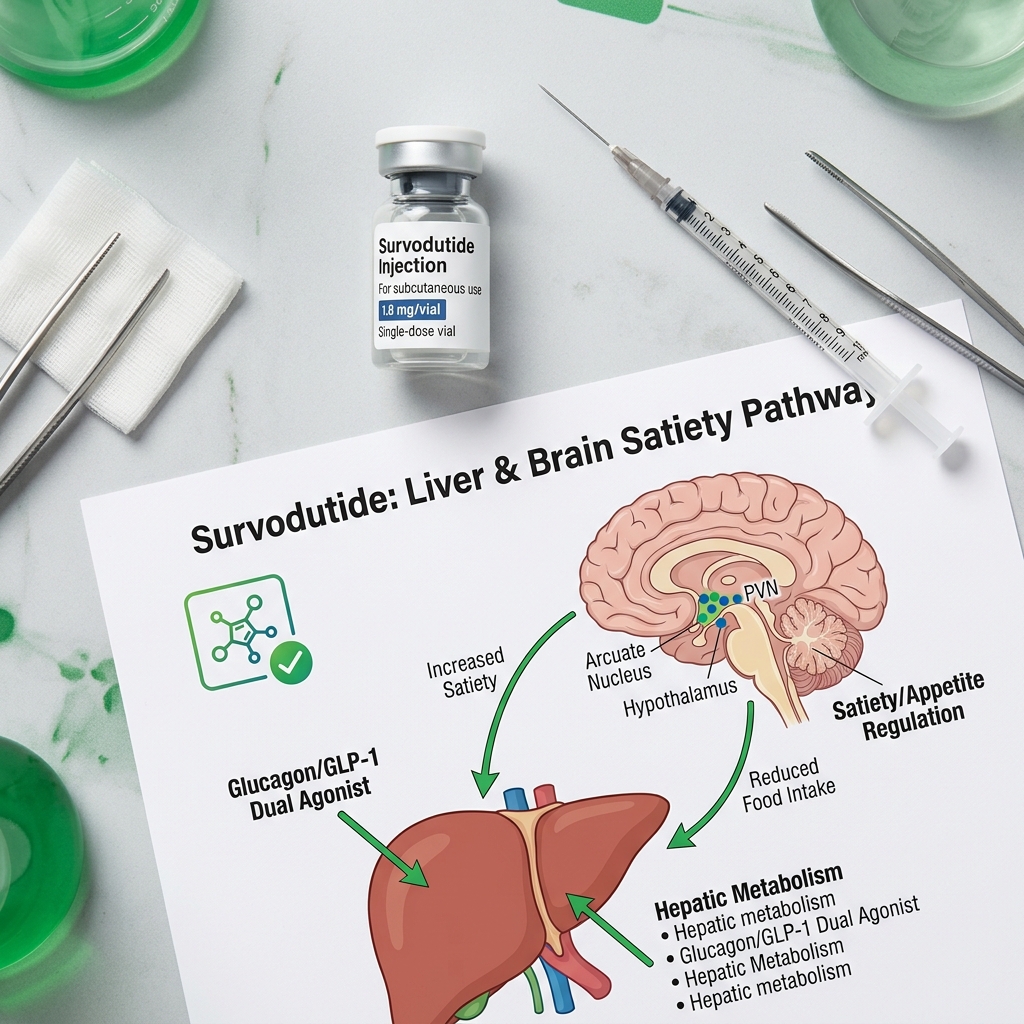 Survodutide clinical weight loss trials and dual glucagon GLP-1 receptor agonist pathway illustration