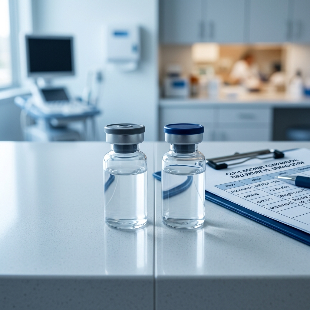 Split view of two medication vials representing dual vs single GLP-1 therapy