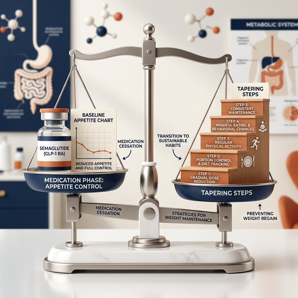 A conceptual medical illustration depicting the biological effects of discontinuing semaglutide, emphasizing appetite pathways and tapering