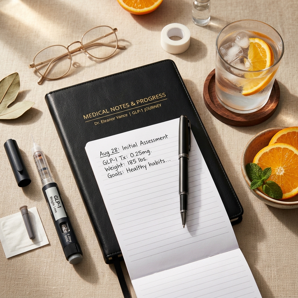 Clinical notes and GLP-1 pen with fresh orange slices highlighting lifestyle changes
