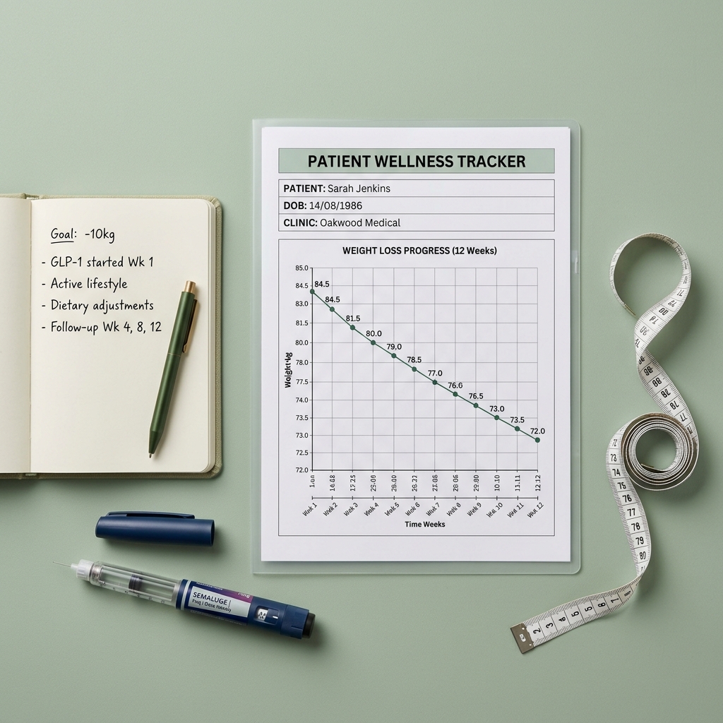 A clinical illustration representing GLP-1 receptor down-regulation and metabolic adaptation factors causing weight loss plateaus