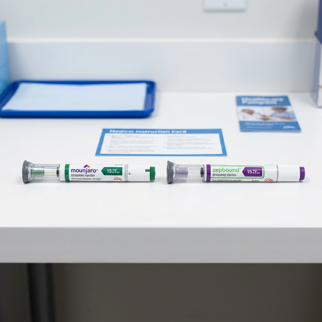 Zepbound and Mounjaro injection pens side by side on a clinical surface