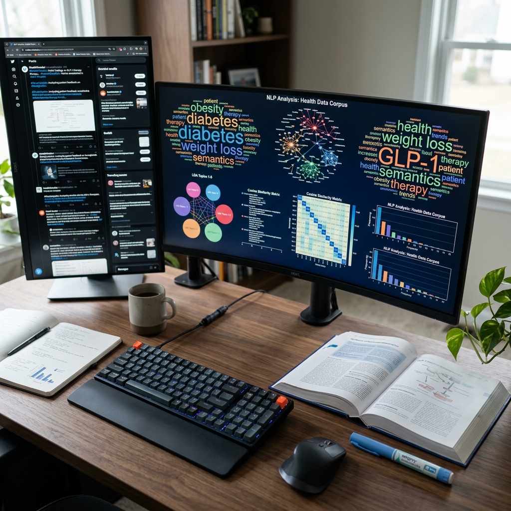 Data science workstation displaying AI-driven analysis of health-related social media posts alongside a GLP-1 injection pen