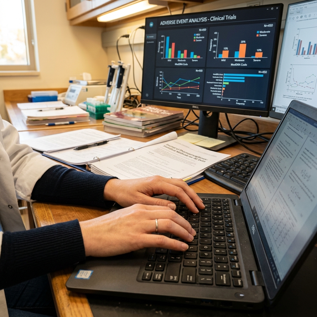 Researcher analyzing adverse event data on a laptop in a university laboratory setting