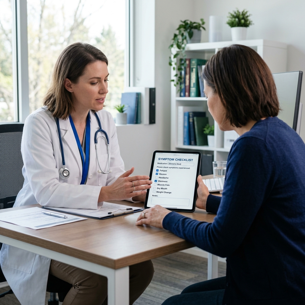 Medical consultation scene with a healthcare provider reviewing a symptom checklist on a tablet with a patient
