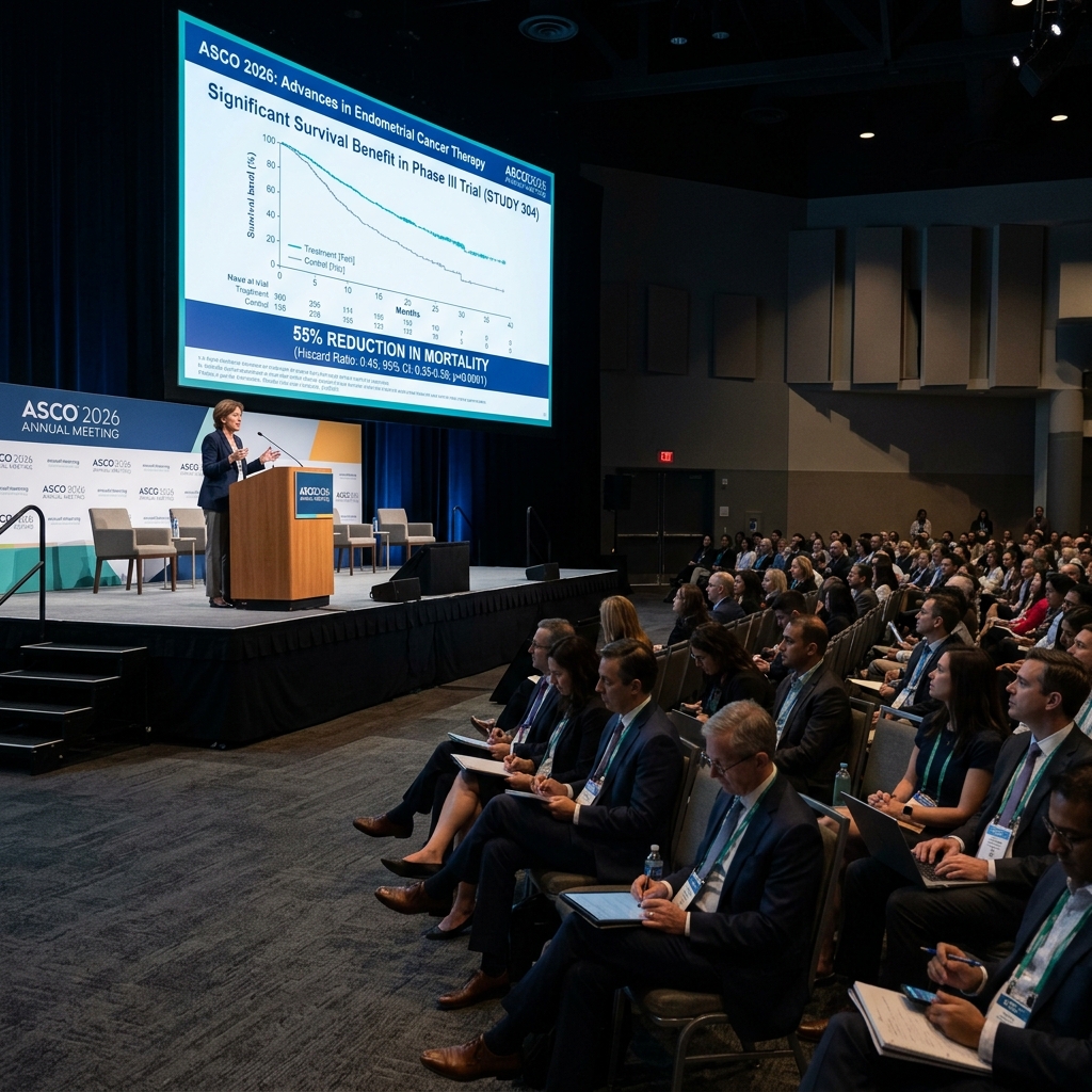 An oncology researcher presenting survival data at the ASCO 2026 meeting