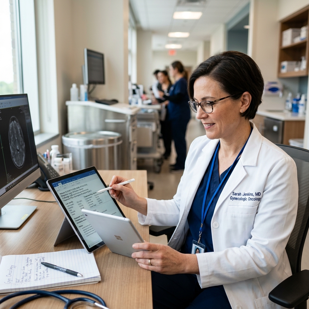 An oncologist reviewing patient clinical charts in a modern office