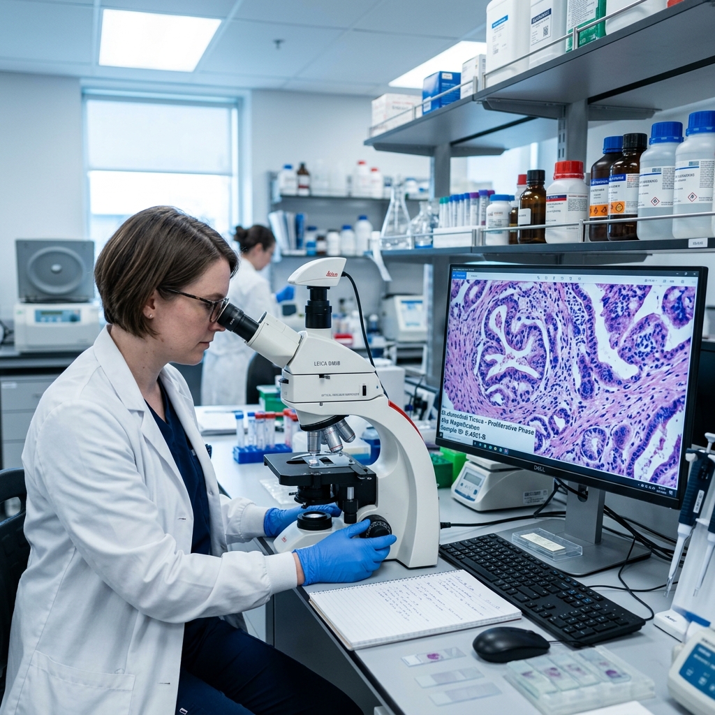 A medical scientist examining endometrial tissue samples in a laboratory