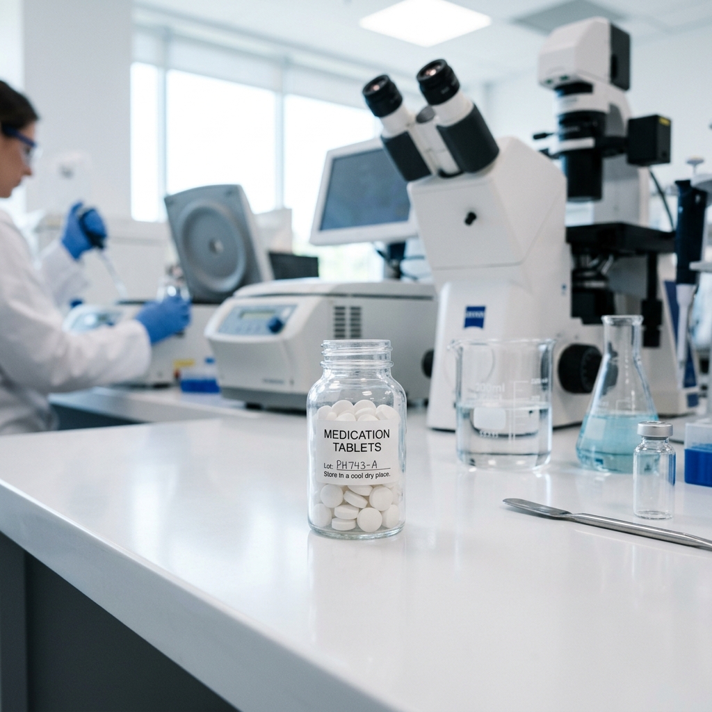 A close-up shot of a small pill bottle containing oral tablets on a clean laboratory bench with research equipment in the background.