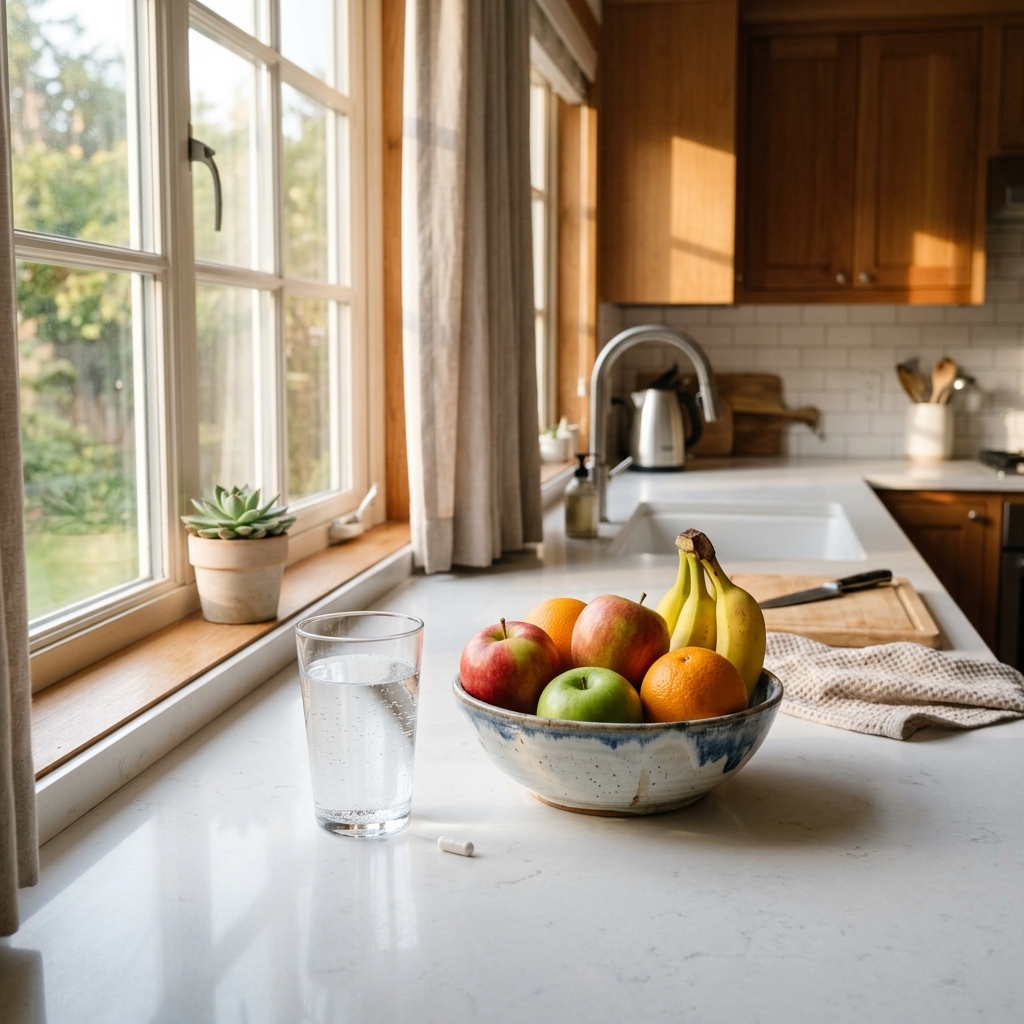 A white pill capsule next to a glass of water and fresh fruit on a sunlit kitchen counter.
