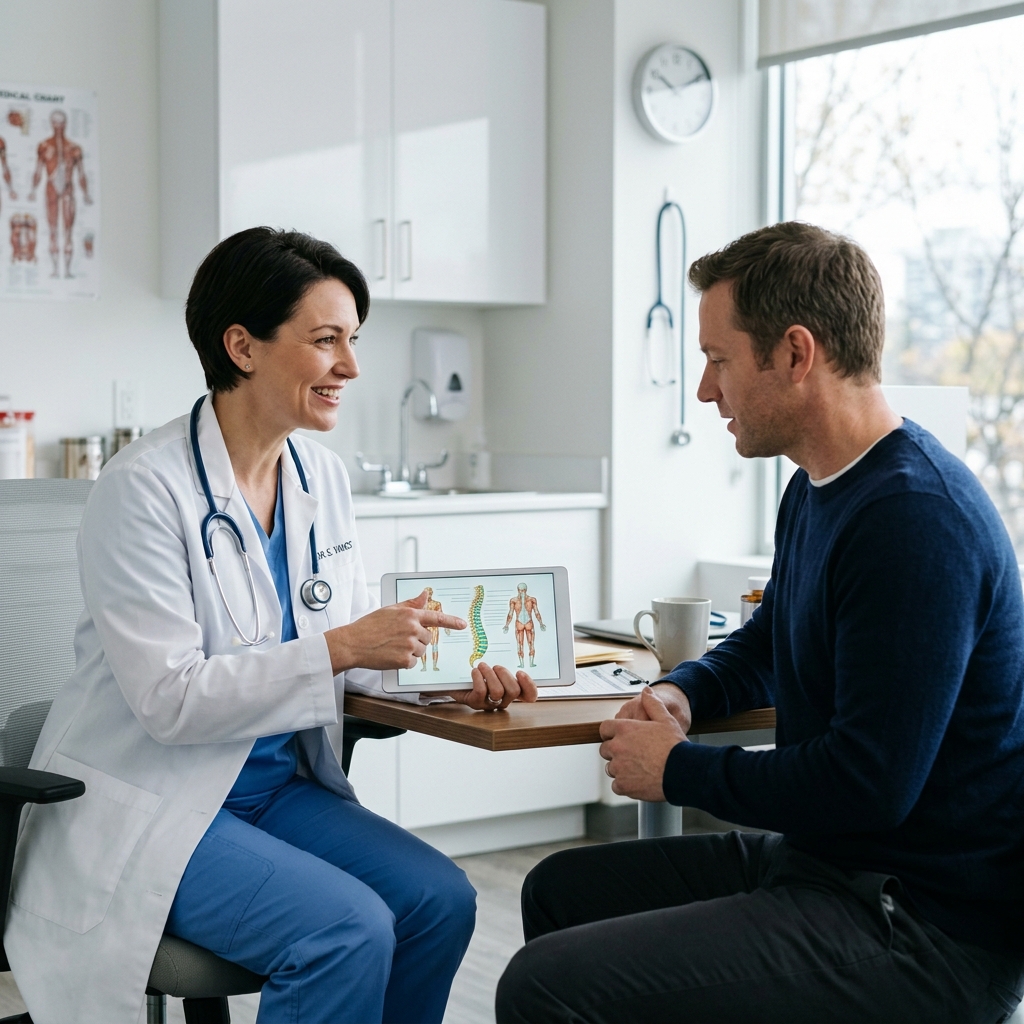 A doctor consulting with a patient in a bright, modern medical office using a tablet.