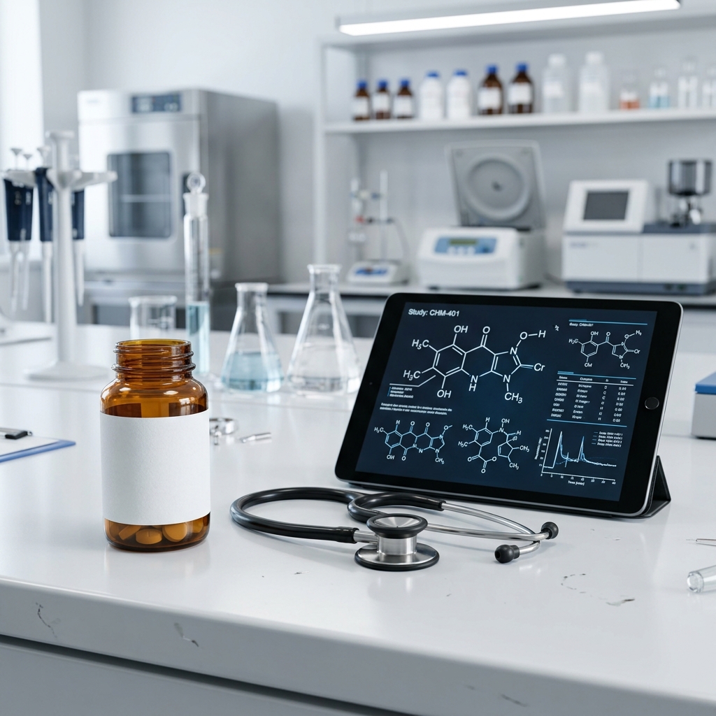 A generic pill bottle, stethoscope, and tablet showing chemical structures in a clean clinical setting.