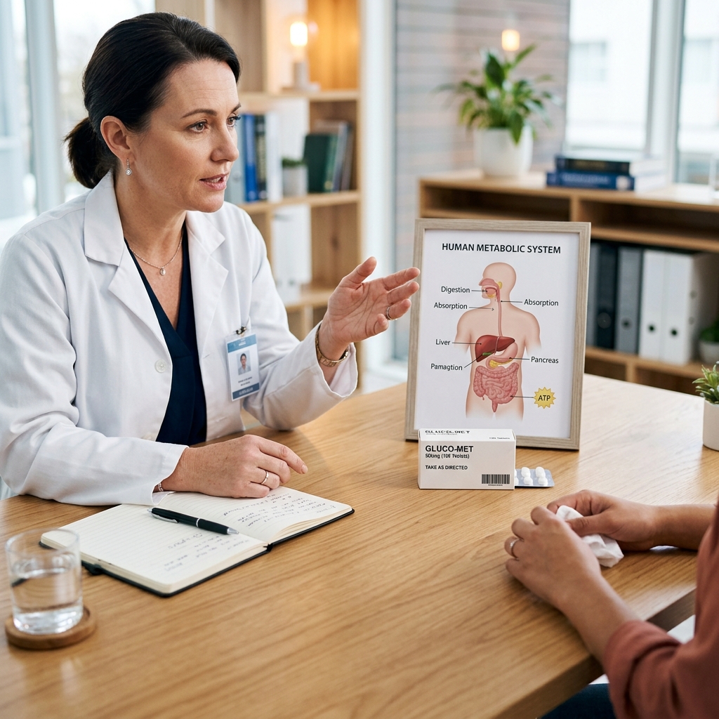 A doctor and patient sitting at a desk during a medical consultation with metabolic diagrams.