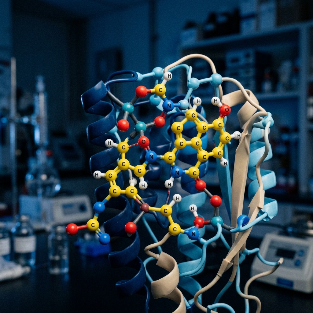 A plastic molecular model representing a small-molecule compound in a laboratory.