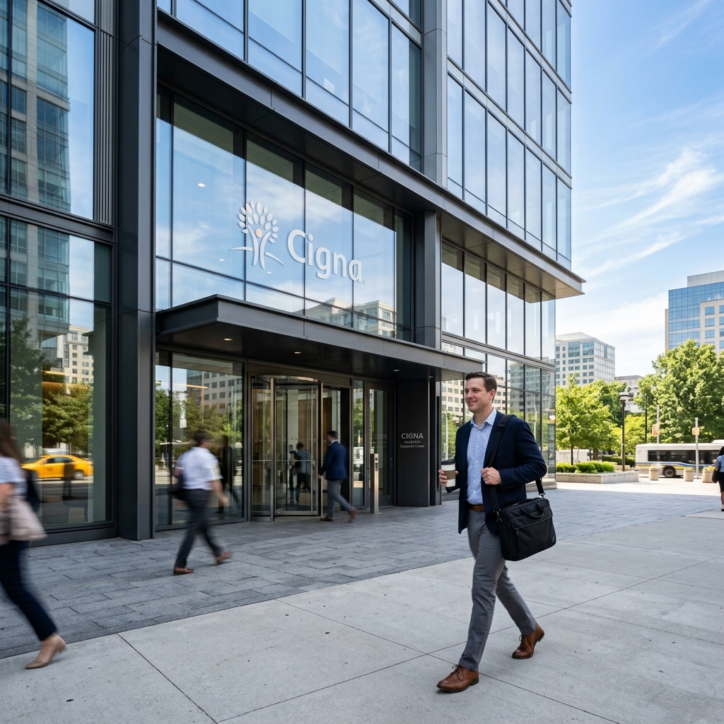 Corporate health insurance building facade with glass windows