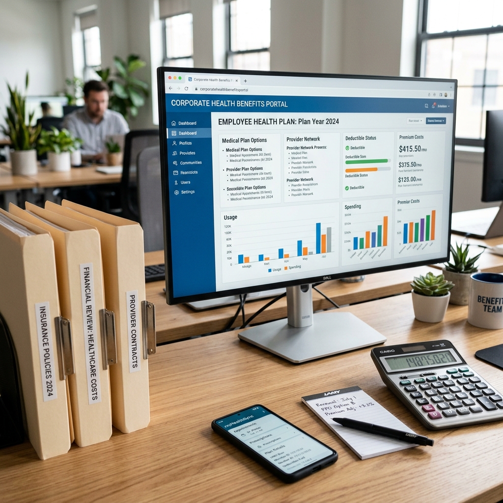 Office desk with insurance documents and health portal on monitor