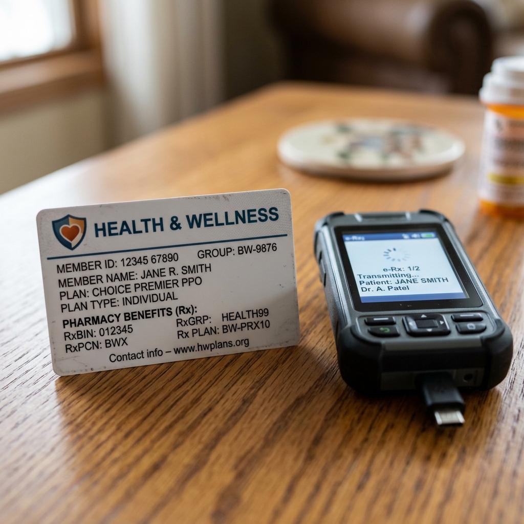 Health insurance card and prescription tablet on a wooden table