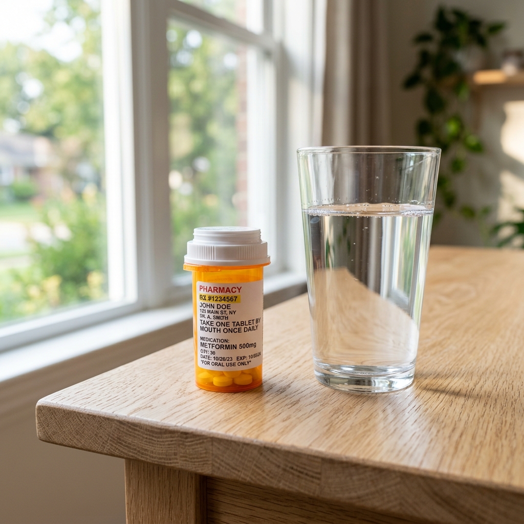 A prescription pill bottle with oral medication and a glass of water on a table.