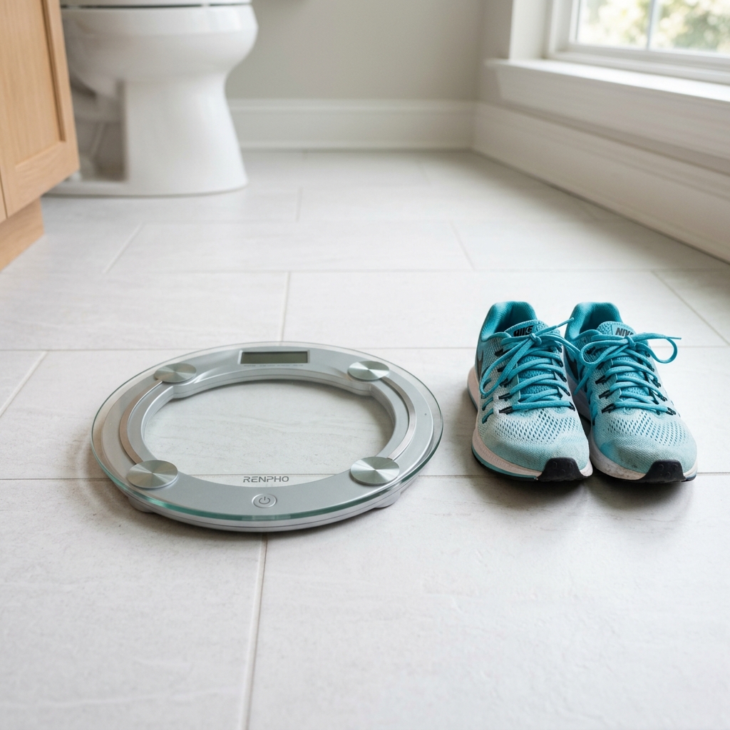 A digital medical scale on a tiled floor near running shoes.