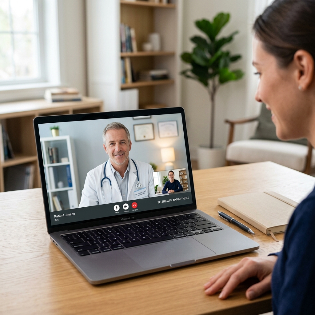 A laptop displaying a telehealth video consultation with a medical provider