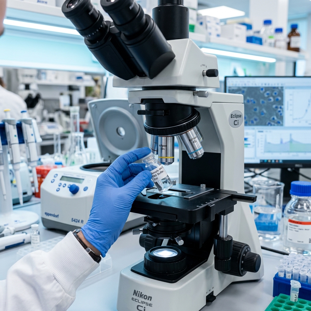 Researcher holding a vial in a modern scientific laboratory