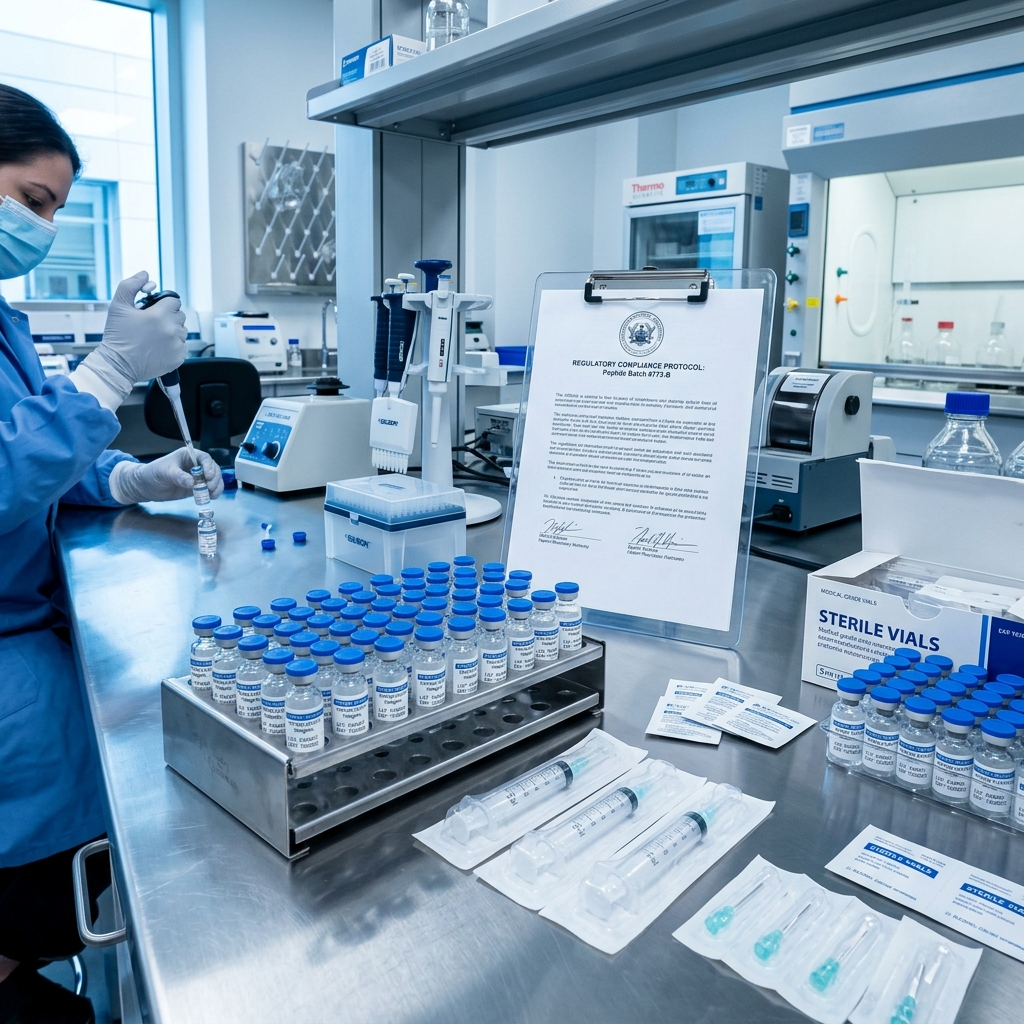 Pharmaceutical vials of peptide solutions on a clinical laboratory workstation with regulatory documents