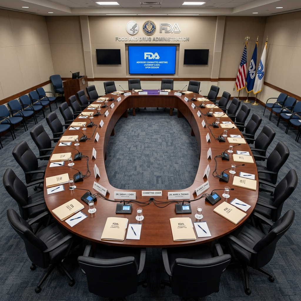 Empty FDA advisory committee hearing room prepared for a formal review meeting