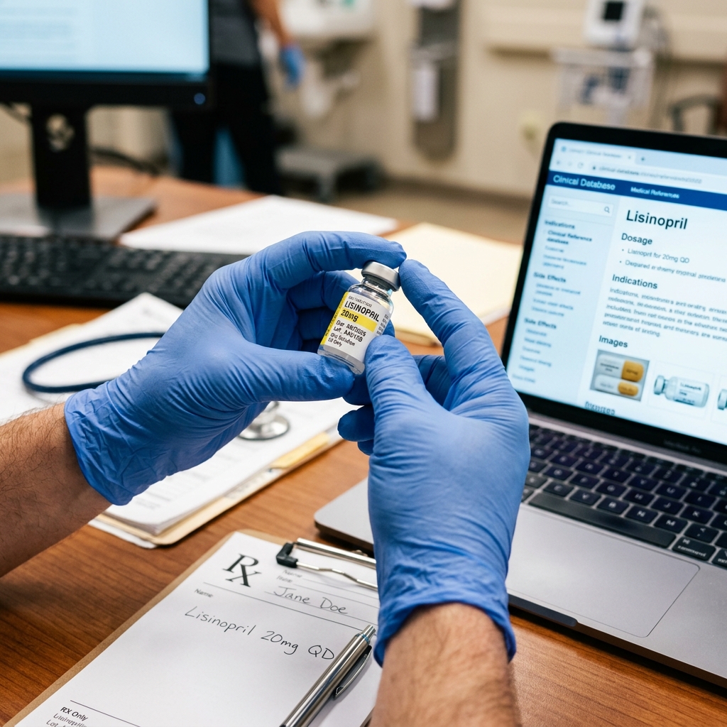 Healthcare provider examining a medication vial label in a clinical setting