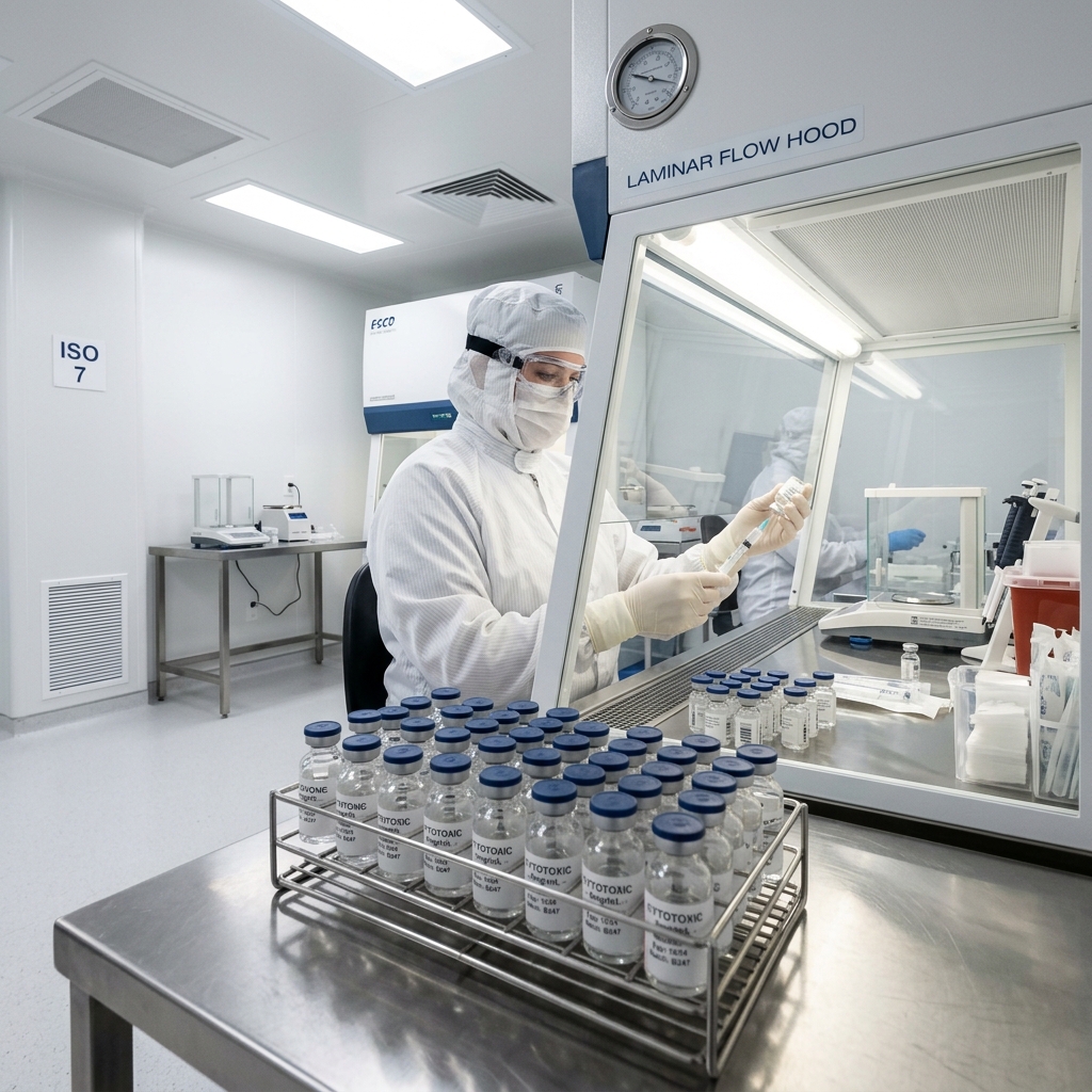 Sterile pharmaceutical compounding cleanroom with rows of vials