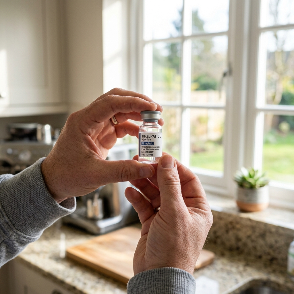 Hands holding a medicine vial up to light to check for particles